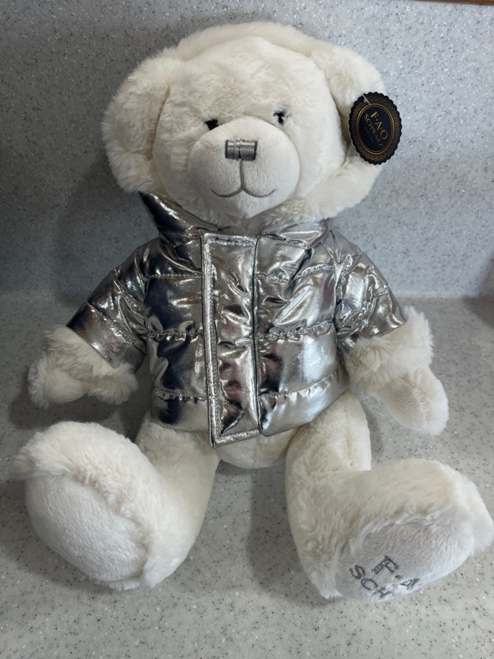 FAO Schwarz White Polar Teddy Bear Plush W/Metallic Silver Puffer Coat 2020